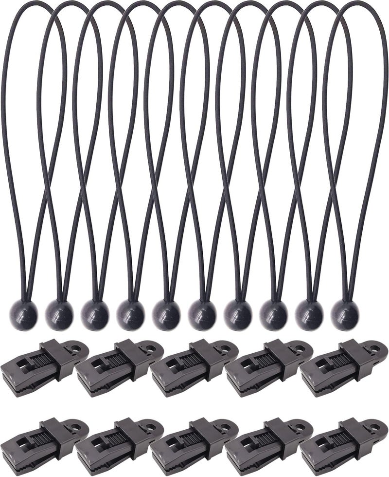 BINCKIN Bungee Cord with Tarp Clip, 20 Pcs Heavy Duty Lock Grip Tent Clips, Awning Clamps for Canopy (Black) - Image 1